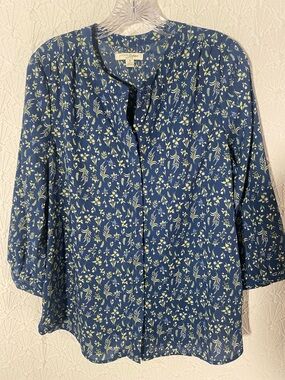 JACHS Girlfriend Navy Blue Floral Button-Front Blouse Sheer Professional Casual